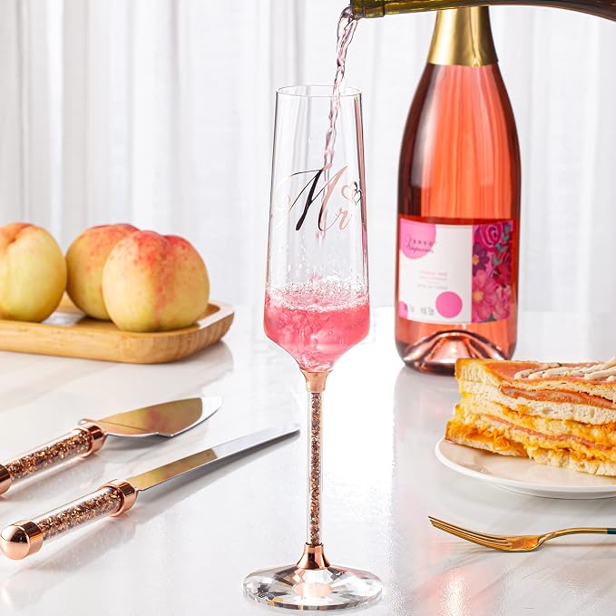 Wedding Champange Flutes and Cake Knife Server Set, Rose Gold Mr and Mrs Champagne Glasses for Bride and Groom Toasting