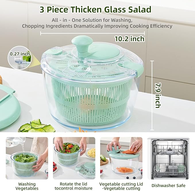 Borosilicate Glass Large Salad Spinner & Vegetable Washer - 5.2 Quart BPA-Free Dehydrator with Handle Includes 5 Chopping Blades Slicer, Drain Bowl Dishwasher Safe - Perfect for Lettuce Fruit Veggies