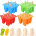 Hoolerry 4 Set Silicone Ice Lolly Molds, Reusable Ice Cream Molds with 200 Wooden Sticks, Easy Release Pop Maker, Frozen Treat Mold for Homemade, Red, Blue, Green, Orange(6 Cavities)
