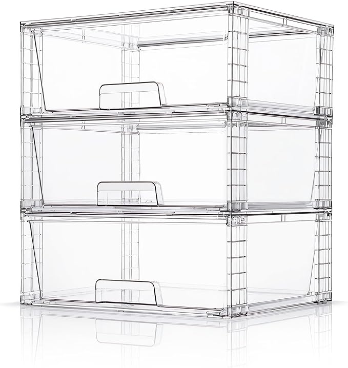 Wide Large Stackable Storage Drawers(3 Pack),Multi-purpose Clear Plastic Organizer Bins with Handles, Easy to Assemble for Bathroom Home Closet Under Sink Kitchen Pantry Medicine Cabinet
