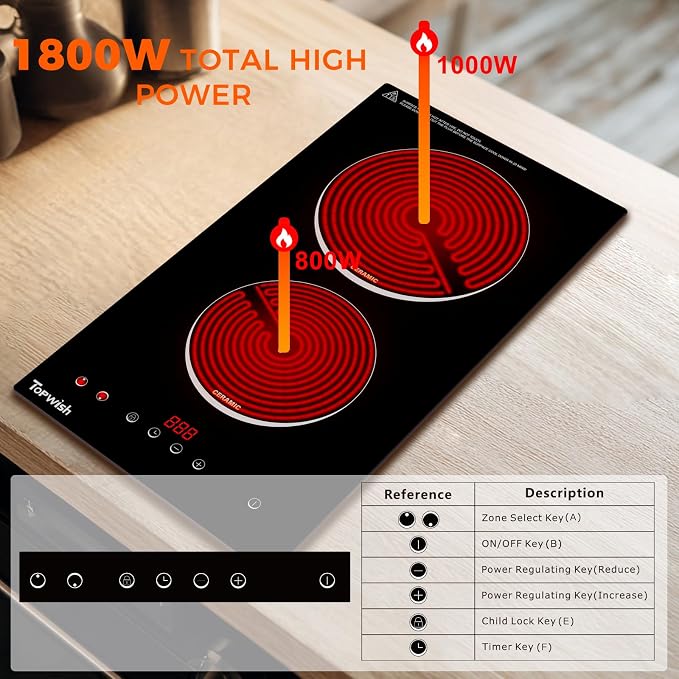 TOPWISH Electric Stove 2 Burner Electric Cooktop, 12 Inch Plug-in Stove Top | Electric Kitchen Stoves with Timer & Child Lock, 110V Cook Top Stove Electric Burners for Cooking, Built-in
