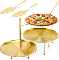 Teenyyou 7 Pcs Pizza Pan Riser Stands Sets Includes 1 Pcs Tiered Tray Stand 3 Stainless Steel Pizza Pan and 3 Wood Handle Knife for Home, Restaurant Party (Elegant Style,Gold)