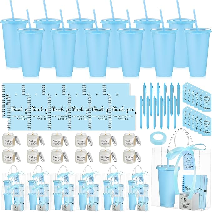 Nuogo 12 Sets New Parent Shower Prizes for Player Winners Adult, Wedding Bridal Shower Gift, Plastic Tumbler Notebook Scented Candle Ballpoint Pen Bag (Blue Color,Classic Style)