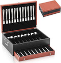DoubleFill 2 Layer Leather Silverware Storage Box with Lid and Handles, Anti Tarnish Silverware Storage Chest Case with Felt-lined for 12-16 or More Sets of Utensils Flatware Gifts, 15.3x11.2x5.7 Inch
