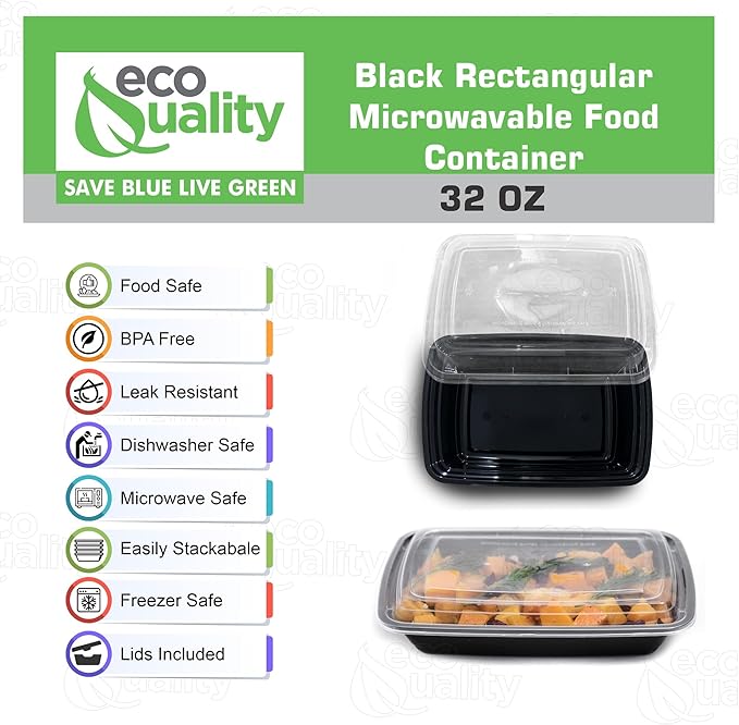 32 oz Reusable Food Storage 100 Pack Containers with Lids by EcoQuality – Rectangular BPA Free Freezer, Microwave & Dishwasher Safe – Airtight & Watertight Stackable, Lunch Meal Prep, To-Go, Bento Box