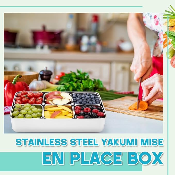 Boao 6 Compartment 304 Yakumi Pans Stainless Steel Seasoning Condiment Container with Lids Spoons, Japanese Yakumi Pans Mini Sauces Salad Dressings Storage for Food, Herbs, Spices