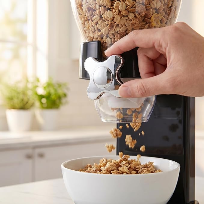 Honey-Can-Do Zevro Dual Dry Food Dispenser – Countertop Cereal Dispenser with Portion Control, 17.5 oz Per Canister, Airtight BPA-Free Snack Dispenser for Kitchen Organization, Black/Chrome