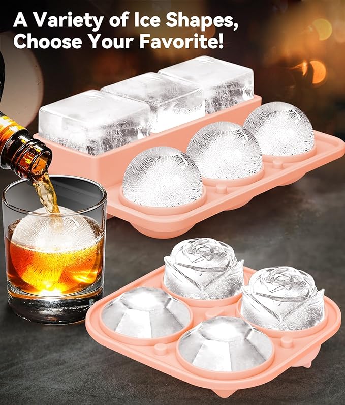 Ice Cube Tray with Lid, Silicone Ice Molds with Round, Square, Diamond, Rose, Large Ice Cube Mold for Whiskey, Bourbon, Cocktails, Easy Release BPA Free, Set of 2
