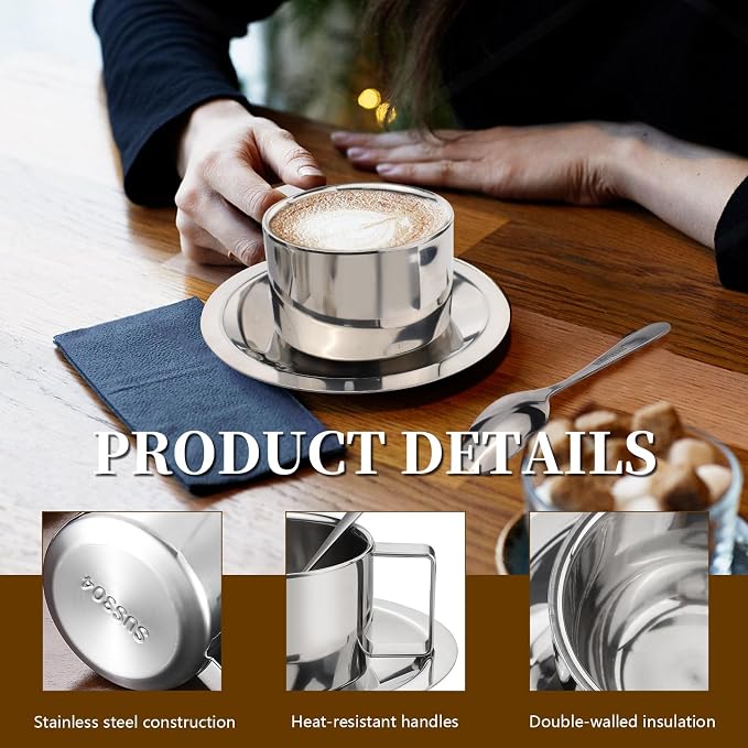304 Stainless Steel Coffee Cups with Spoon & Saucer, 6.8 Oz Metal Espresso Mugs, Double Walled Insulated Espresso Coffee Cup for Cappuccino Latte Milk Tea Beverages (1 Set，200 ml)