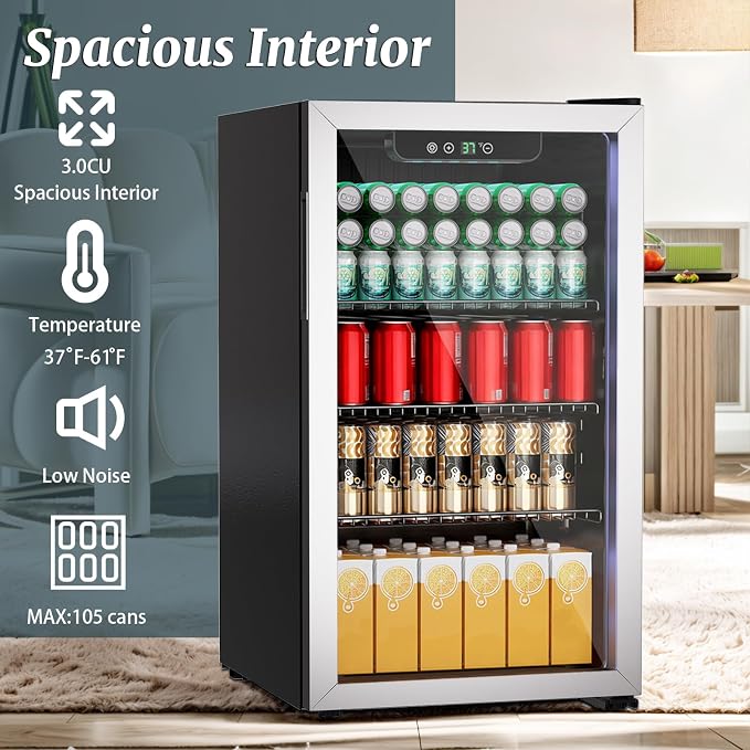 Compact 105 Can/3.0 Cu.Ft Mini Fridge For Soda, Beer Or Wine, Portable Small Beverage Refrigerator Cooler With Digital Display&Removable Shelves &Reversible Glass Door For Office, Dorm, Bar