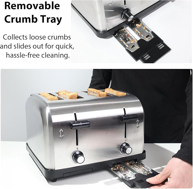 1800W Commercial Grade 4-Slice Pop Up Toaster -Stainless Steel 6-Browning Settings for Bread with Removable Crumb Tray for Bagel Bread English Muffins, Waffles (Commercial & Home Use)