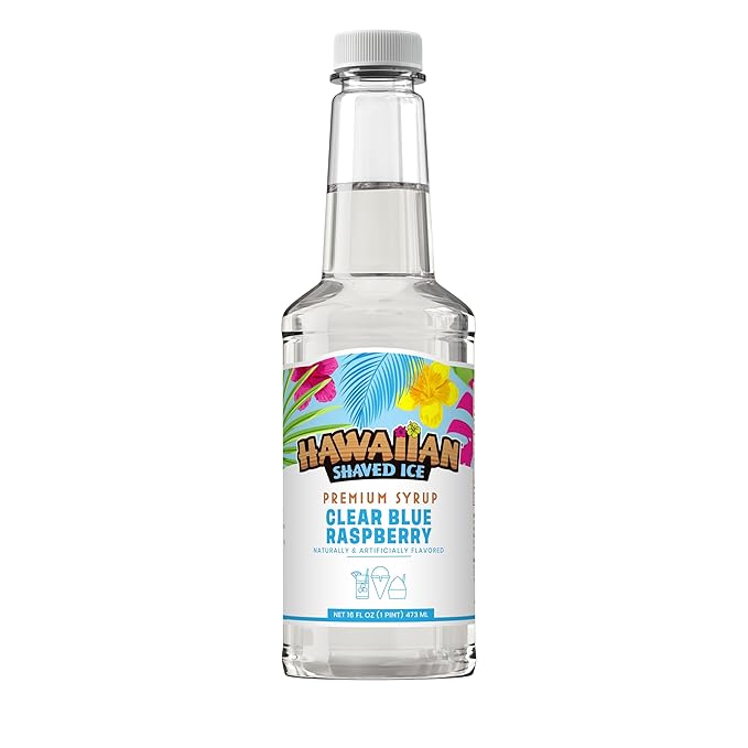 Hawaiian Shaved Ice Clear Blue Raspberry Syrup - Nut Soy Dairy & Dye Free - Flavor Fluffy & Crunchy Snow Cones - Shelf Stable - Makes 8 Servings - 16 ounces
