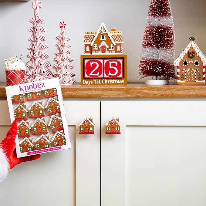 Knobēz: Decorative Knob Covers - Gingerbread House - 12pk - Stretch Over Hardware Decorations, Holiday-Winter-Christmas, Kitchen-Bathroom-Dresser-Home