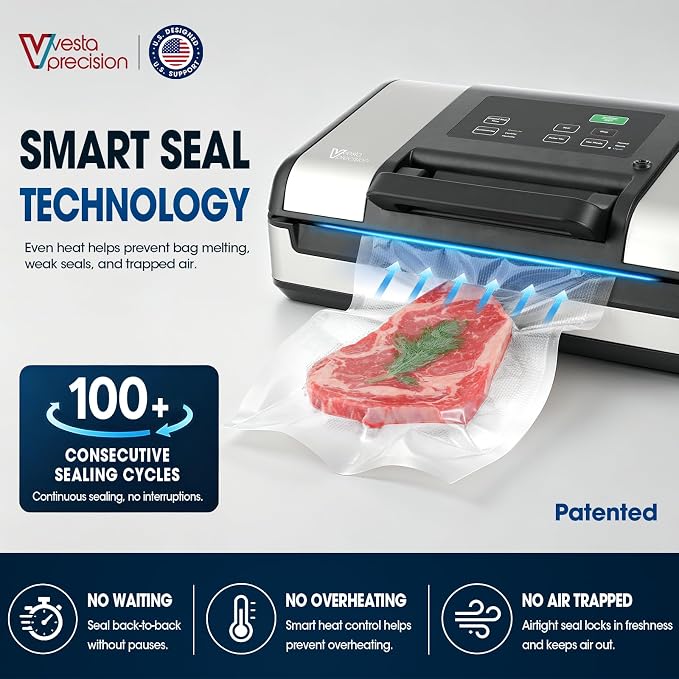 Vesta Precision 12" Vacuum Sealer Machine for Liquid & Moist Foods, Smart Heat Sealing Prevents Bag Melting, Built-in Cutter & Roll Storage Fits 2X20’ or 1X50' Rolls, Mason Jar Kit, Sous Vide, V23