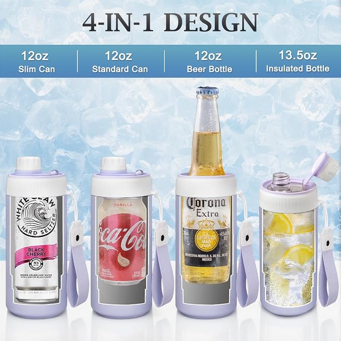 MAXSO Sealed Can Cooler Fizz Lid Can Cover for 12 oz Regular, Slim Skinny Cans & As Thermal Bottle, 4-in-1 Insulated Vacuum Stainless Steel Carbonated Cold Drink Holder - Lilac