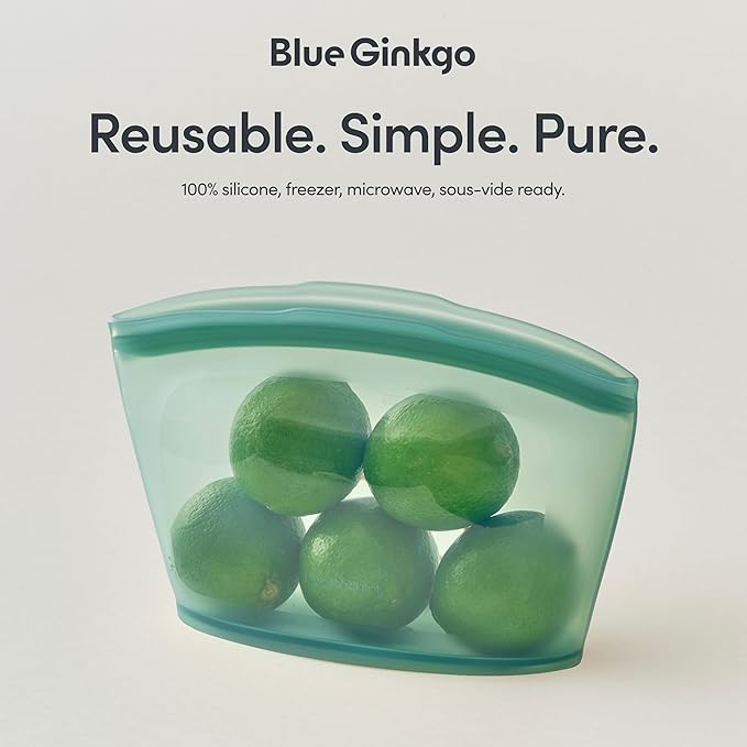 Blue Ginkgo Reusable Silicone Storage Bags – 4-Pack | Korean-Made Stand Up Food, Freezer Bags - Forest Green