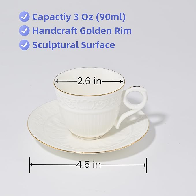 3 Ounce Porcelain Espresso Coffee Cups & Saucers Set, Handcraft Golden Trim, Set of 6