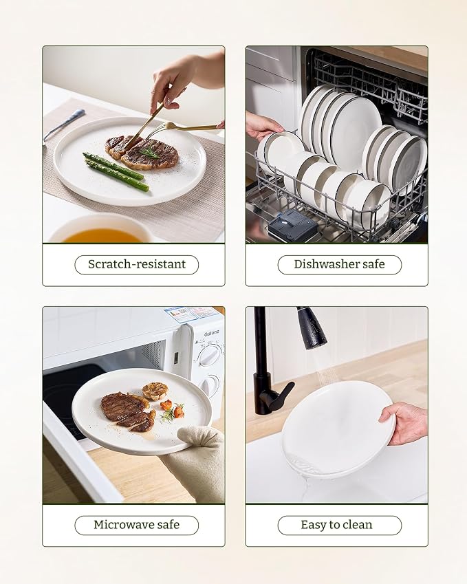 Famiware Porcelain Dinnerware Set, 24-Piece Modern Plate and Bowl Set, dish set for 8, Microwave and Dishwasher Safe Tableware, White