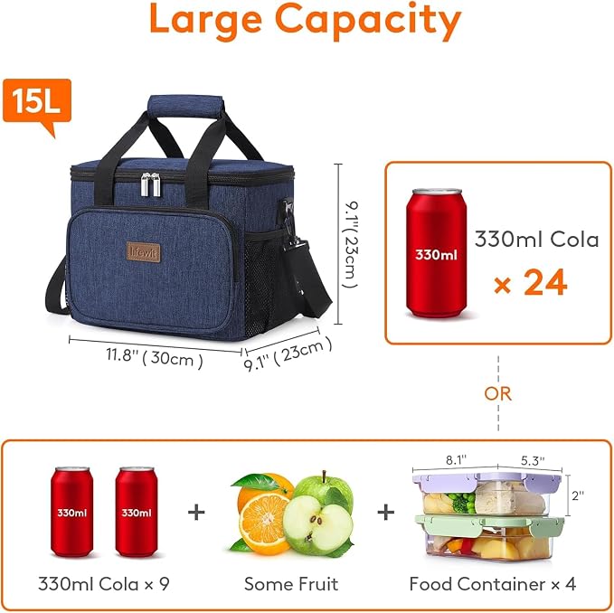 Lifewit Large Lunch Bag, Insulated Lunch Box, Soft Cooler Cooling Tote for Adult Men Women, Dark Blue 24-Can (15L)