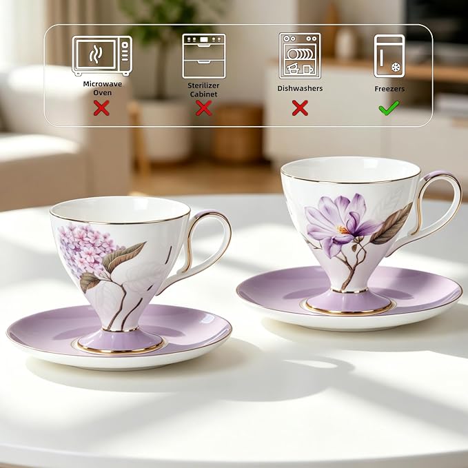 KAMMAK Ceramic Coffee Cups Saucers Set of 2, Porcelain Espresso Cup with Saucer, 8.45 oz Handcrafted Elegant Bone China Tea Cups, Purple Floral Pattern Demitasse Cup for Latte, Americano, Cappuccino