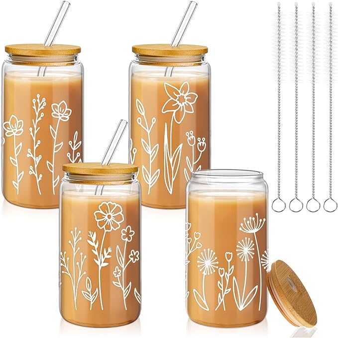 Mumufy 4 Pack Glass Cups Gift Aesthetic Cute Glass Cup Tumbler Flower Iced Coffee Mugs 16 oz with Bamboo Lid & Straw, for Wedding Birthday Bridesmaid Mom Baby Shower