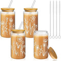 Mumufy 4 Pack Glass Cups Gift Aesthetic Cute Glass Cup Tumbler Flower Iced Coffee Mugs 16 oz with Bamboo Lid & Straw, for Wedding Birthday Bridesmaid Mom Baby Shower