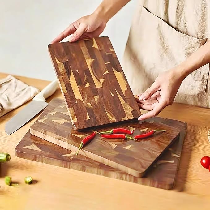 Premium 3-Piece End-Grain Cutting Board Set, Wooden Cutting Boards for Kitchen, Reversible Chopping Board, Built-In Handles, Knife-Friendly,Durable Butcher Block for Kitchen Prep & Charcuterie Serving