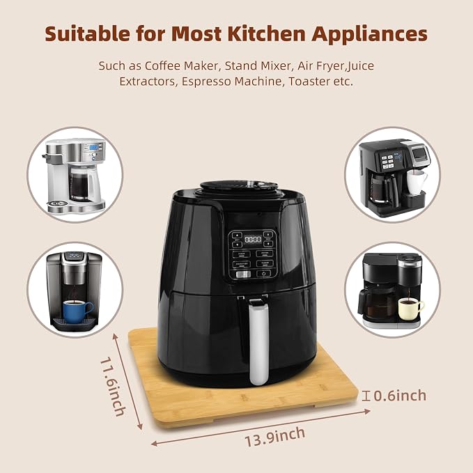 360° Rolling Tray Bamboo Appliance Slider for Kitchen Appliances, Coffee Maker Mat Tray for Countertops Sliding Tray for Coffee Maker Appliances Mat Easily from Under The Cabinet Natural11.6×13.9