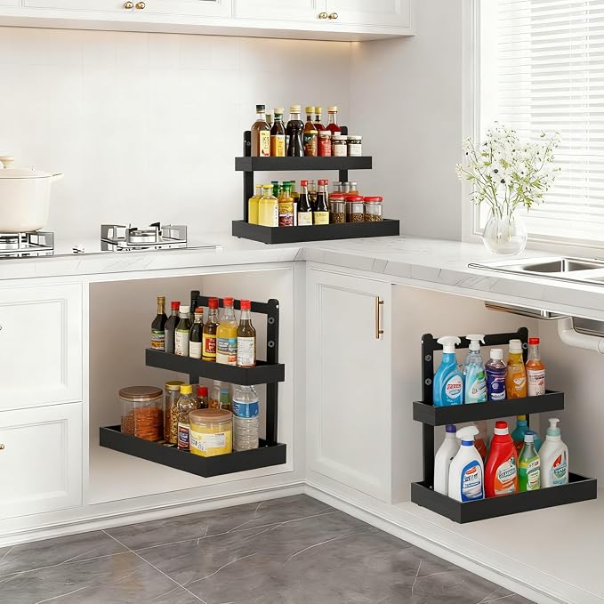 Bamboo Undersink Organizer Storage - 2-Tier Cabinet Shelf with Adjustable Levels, Under Sink Storage Slide Out for Cabinet Pantry Kitchen Bathroom (Black, 2 Packs)