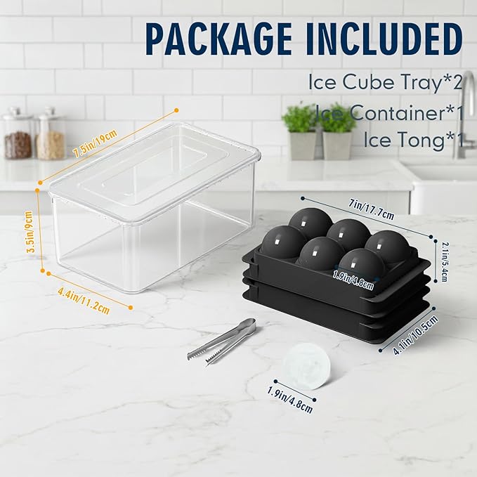 Large Ice Ball Maker Mold, 1.9" Round Ice Cube Mold for Whiskey Bourbon Cocktail, 6 Balls, Sphere Ice Mold, Big Ice Cube Tray with Container and Tongs, Easy to Fill & Release