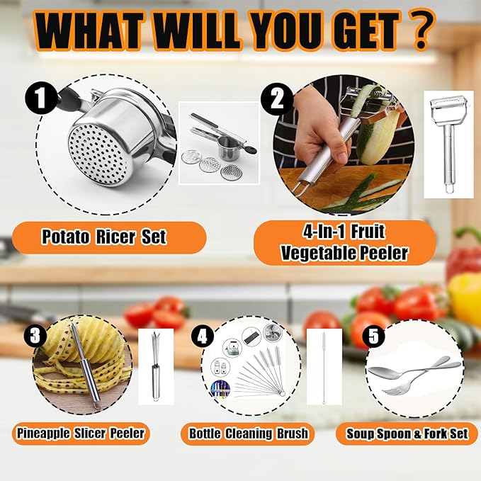 Large 15oz Potato Ricer, Stainless Steel Potato Masher and Ricer Kitchen Tool, Heavy Duty and Durable for Effortless Mashing - with Spoon and Fork Set