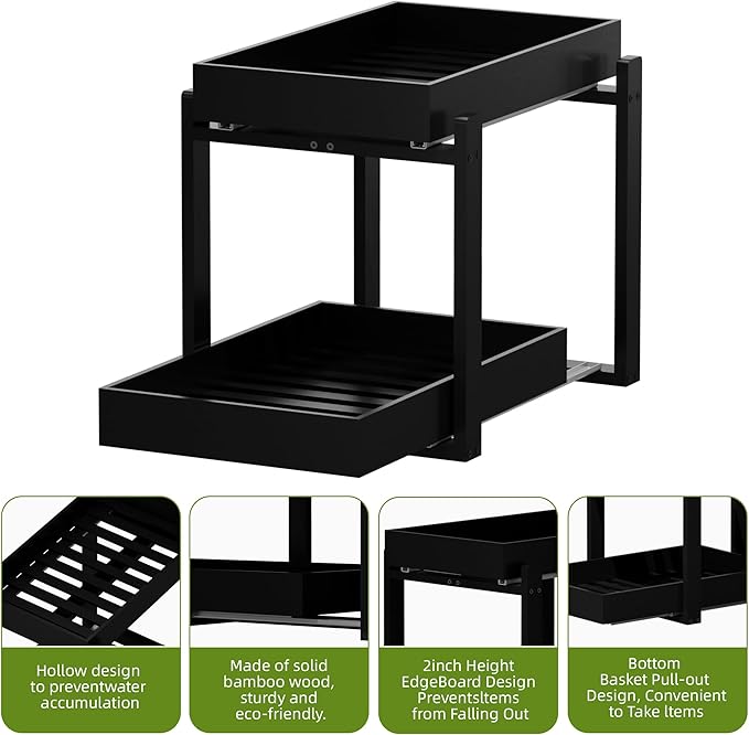 APRTAT 2 Pack Under Sink Organizer, Bamboo Wooden 2-Tier Pull-Out Storage with Sliding Drawers for Kitchen and Bathroom Cabinets, Easy Installation (Black, 2 Packs)
