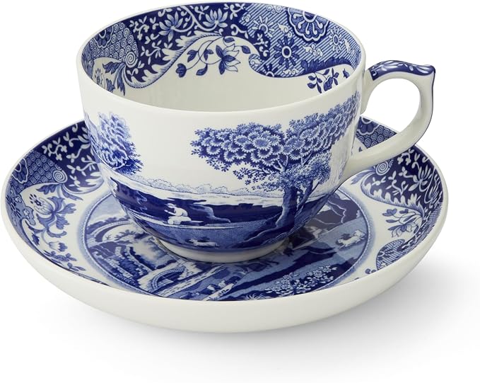 Portmeirion Spode Blue Italian Teacup and Saucer, 20-ounce Capacity, Jumbo Tea Set, Coffee Mug, Cup for Tea, Lattes, Espressos, and Hot Beverages - Blue & White