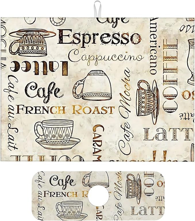 2Pcs Dish Drying Mats Faucet Mats Sets Large Size Coffee Mats Sink Faucet Mat Splash Guard for Kitchen Counter Bathroom Sink Coffee Bar Kitchen Decor (Retro Coffee, 18"x24" 15" x 5.5"Set)