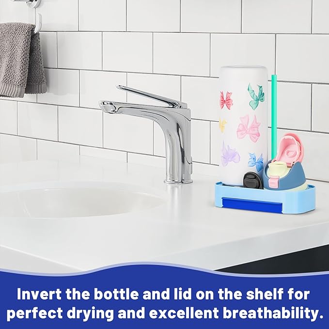 Bottle Drying Rack for Owala Freeship 24/32/40oz, Portable Space Saving Stand with Drain Tray & 4 Cleaning Brushes – Water Bottle & Cup Organizer for Lids, Straws, Stoppers (Blue)