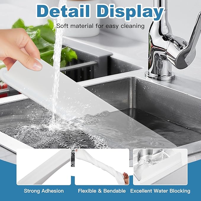 Silicone Sink Splash Guard – Extra-Long 19.3" Water Protector for Kitchen & Bathroom, No-Slip, Heat-Resistant, Dishwasher Safe (19.3 * 3.3 * 2in) (White)