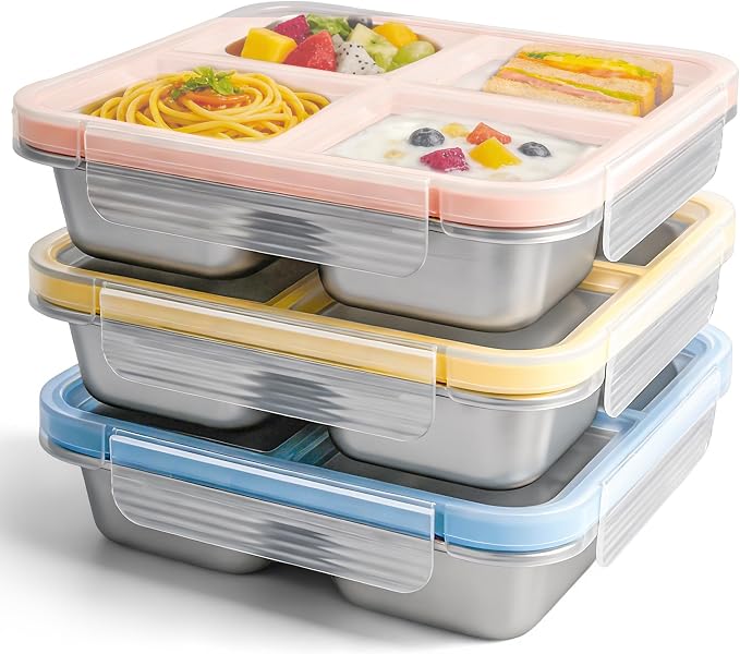 3 Pack Stainless Steel Snack Containers with Lids, Leakproof 4 Compartment Bento Lunch Boxes, Reusable Metal Meal Prep Food Storage Containers, Dishwasher Safe for Work, Travel, Picnic