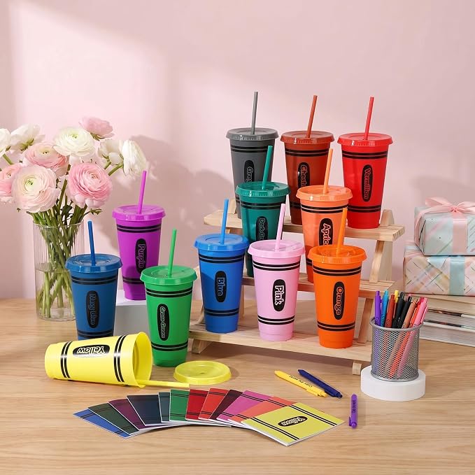 Feifeiya 72 Pcs/24 Set Color the World Gift Bulk 24 oz Rainbow Crayon Themed Tumblers with Lids and Straws Motivational Pens Inspirational Notepads Stationery Set Plastic Cups