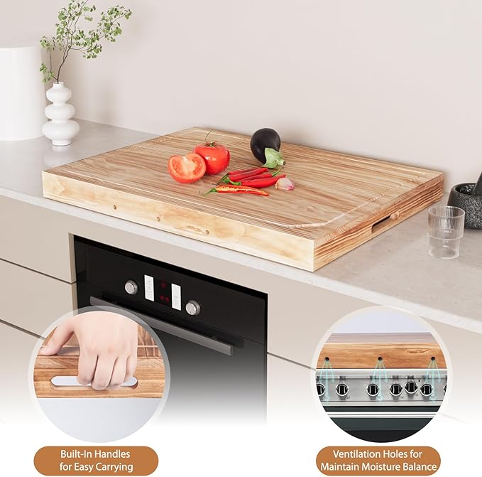 Wooden Stove Top Covers for Gas Burner and Electric Stove, Glass Cooktop Protector, Wood Noodle Board Stovetop Cover With Handles, Rustic
