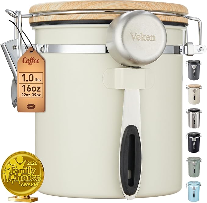 Veken Coffee Canister, Airtight Stainless Steel Kitchen Food Storage Container with Date Tracker and Scoop for Beans, Grounds, Tea, Flour, Cereal, Sugar, Cookie, 16OZ, Cream