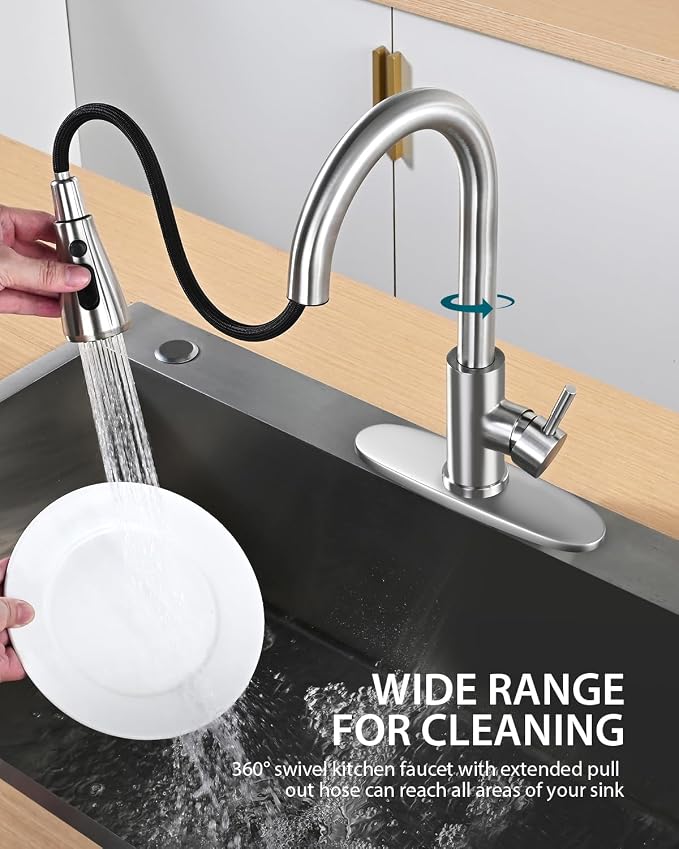 Hiqufet Kitchen Faucet with Deck Plate for 3 Hole or Single Hole Setup | Pull Down Sprayer, High Arc Spout, , for Pot Filling, Pan Rinsing and Daily Kitchen Cleanup