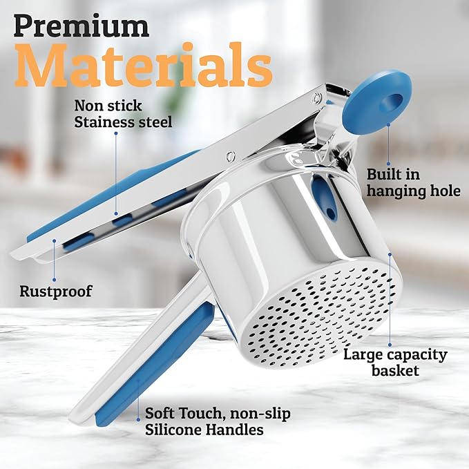 PriorityChef Large 15oz Potato Ricer With 3 Discs, Heavy Duty Stainless Steel Potato Ricer for Mashed Potatoes, Potato Masher, Press and Ricer Kitchen Tool, Blue