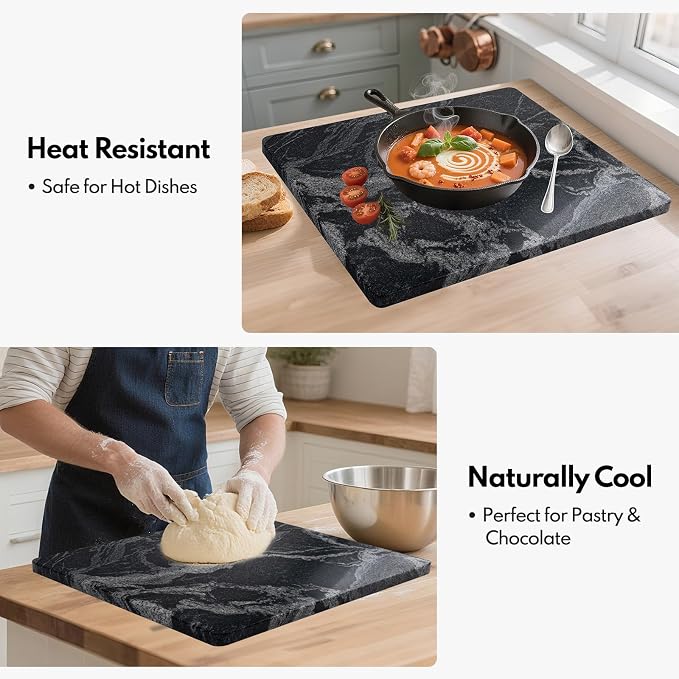 Lovdeco Marble Cutting Board, Pastry Board For Kitchen, Large Black With White Vine Marble Slab Gift With Non-Slip Feets, 16x20 Inch, 1 Piece
