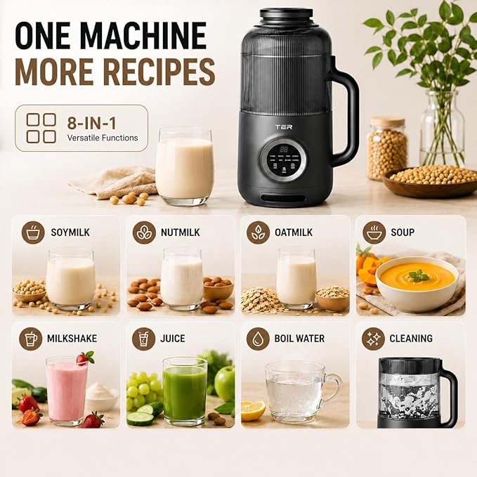 TER 40oz Nut Milk Maker Machine, Automatic Soy Milk Maker with 8 Smart Preset Programs, Almond Oat Soy Plant-Based Milk Maker with 12H Delay Start, Keep Warm, Self-Cleaning