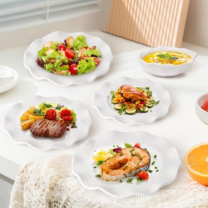 Melamine Dinnerware Sets Service for 4, Cream Plates and Bowls Set with Beaded Edge, BPA Free Dishwasher Safe, Heavy Duty Shatterproof Unbreakable Tableware for Wedding Party Camping Outdoor