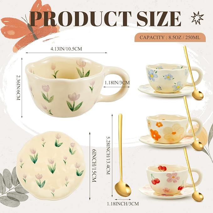 Vesici 4 Set Ceramic Coffee Mug Set with Saucer and Spoon Cute Mothers Day Gifts for Mom 8.5 oz Vintage Floral Tea Cup Aesthetic Mug Gift for Women, Dishwasher and Microwave Safe (Mixed Styles)