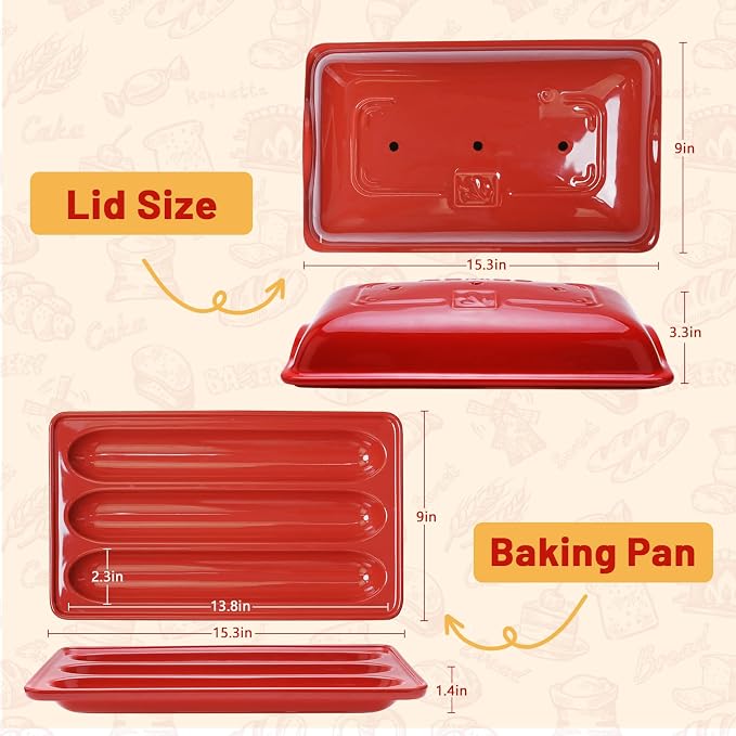 Techni Edge French Bread Baking Pan, Nonstick Baguette Bread Pan with Lid, 3 Slot Ceramic Baguette Mold, Heating Evenly, Crispy Crusts, Easy To Release for Sourdough Italian Loaf