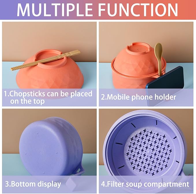 2 Sets Microwave Ramen Bowl 40 oz Wheat Fiber Portable Instant Noodle Cooker Bowl with Handles Strainer Spoon Chopstick Fork College Dorm Room Apartment Essentials(Purple,Orange)