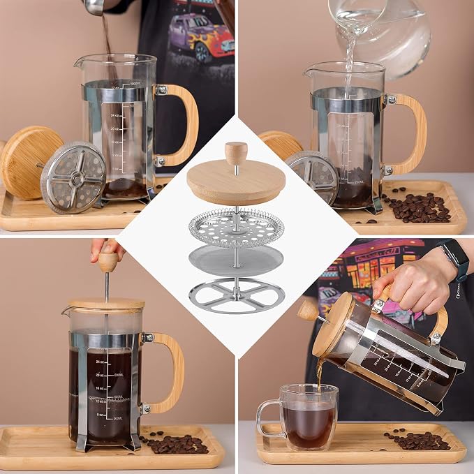 Sivaphe Moka Pot Stainless Steel 6 Cup and French Press Coffee/Tea Maker 34 oz with Bamboo Lid and Hand High Borosilicate Glass 1000ml Coffee Brewer Set