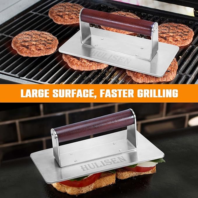 HULISEN Stainless Steel Bacon Press, 9 Inch Large Heavy Duty Burger Press with Wood Handle, Non-stick Grill Press for Griddle, Steak Weight Griddle BBQ Accessories for Panini, Sandwiches, Gift Package